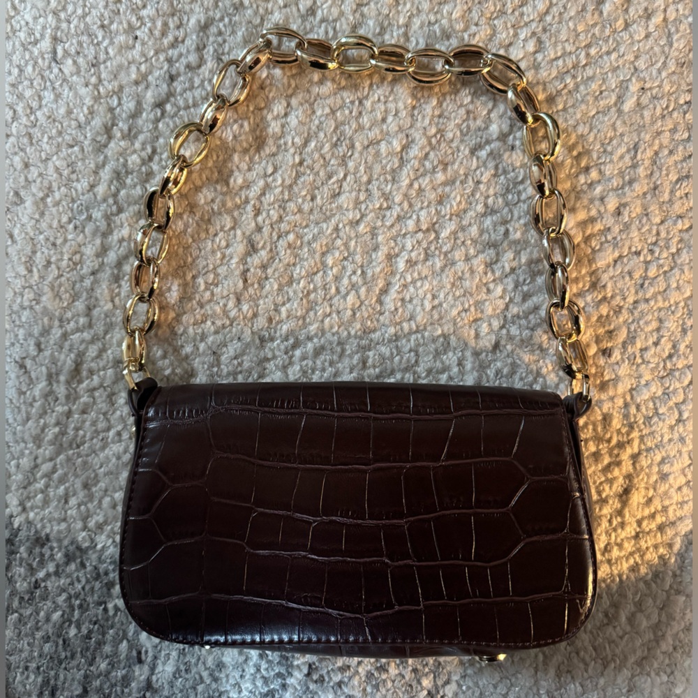 Zara Dark Brown Croc-Embossed Shoulder Bag with Gold Chain